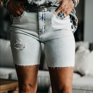 High rise longer Jean denim shorts cut off